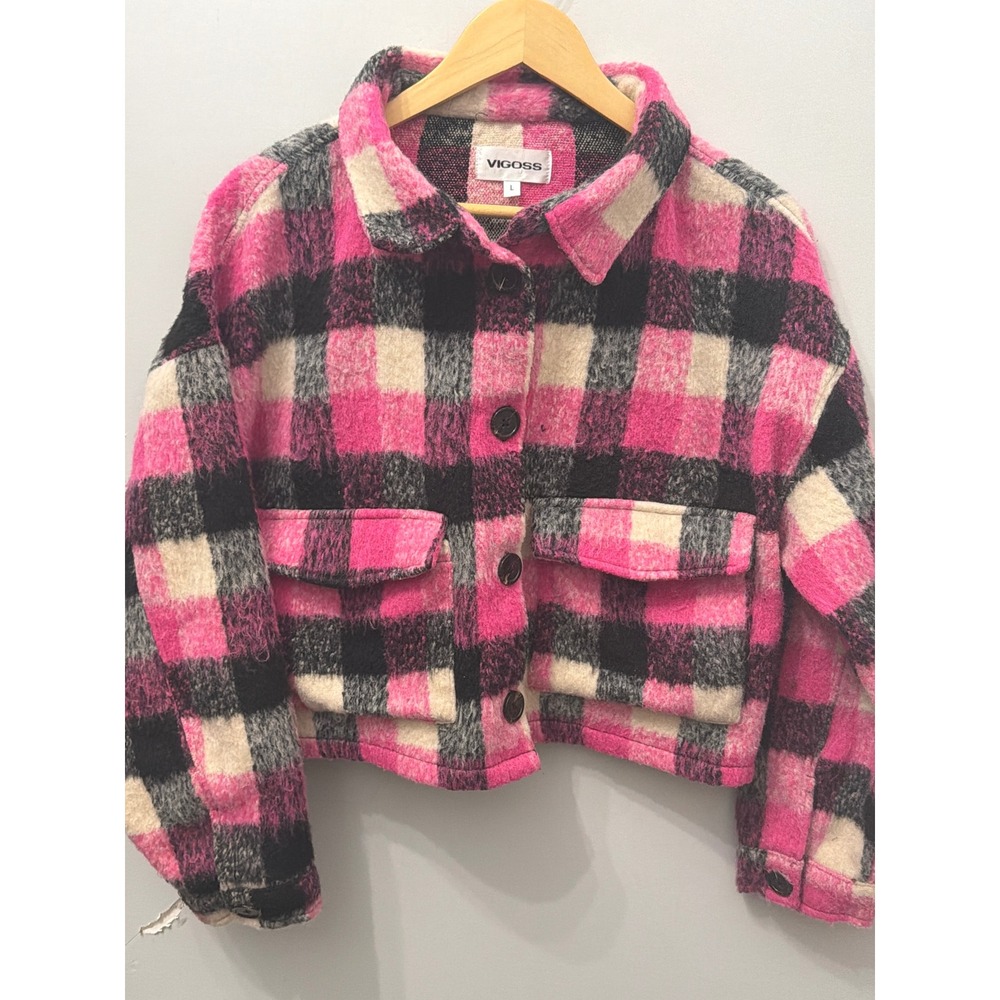 Vigoss Pink Plaid Cropped Shacket Women's Large Brushed Button Up Flannel Jacket
